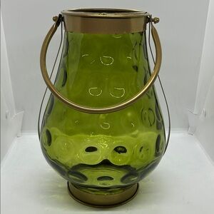 Green Glass With Gold Metal Handle Candle Holder 11” Decor
